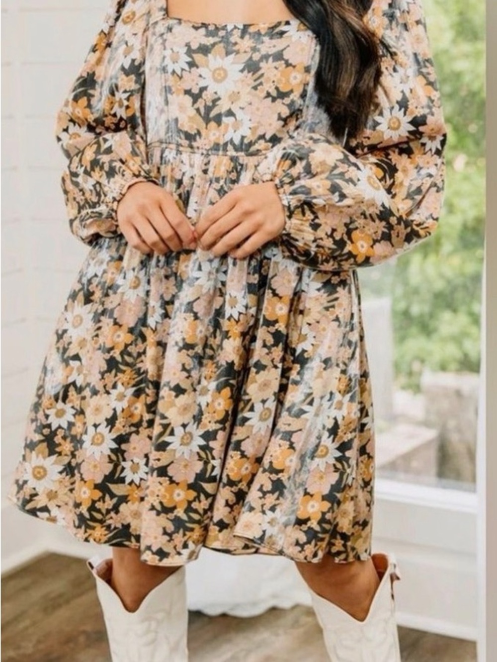 Altar'd State Black Floral Mini Dress with Mustard Dusty Rose & Cream Blooms M